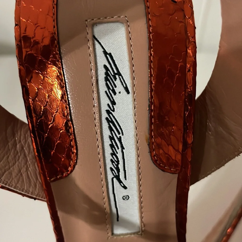 Brian Atwood MADISON RUST ORANGE METALLIC ELAPHE SNAKE PLATFORM SANDALS 38 7.5